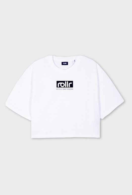 rollr polar white womens cropped tee for women by roller clothing, with rollr logo and style that moves printed tagline