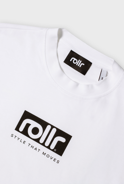 rollr polar white womens cropped tee for women by roller clothing, with rollr logo and style that moves printed tagline and black label;