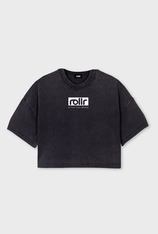 oversized vintage black cropped tee for women by roller clothing, with rollr logo and style that moves printed tagline
