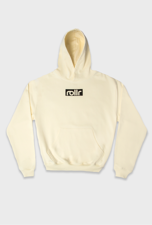 rollr clothing heavyweight vanilla cream box fit hoodie made from french terry fabric and rollr logo print