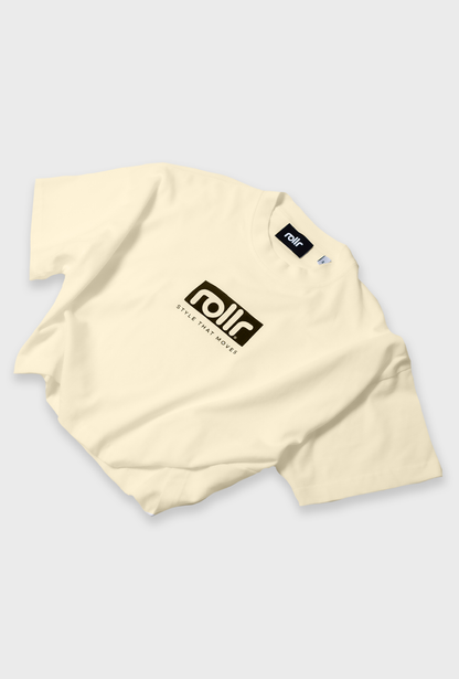 womens vanilla cream cropped tee by roller clothing, with rollr logo and style that moves printed tagline on front