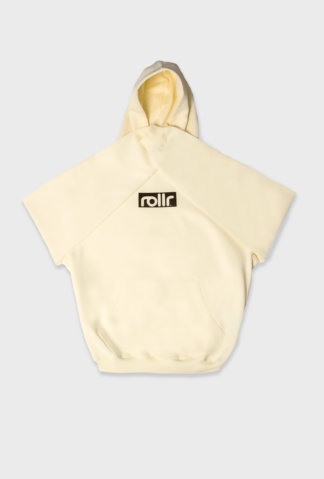 mens heavyweight vanilla cream box fit hoodie made from french terry fabric and rollr logo print and black label with rollr logo