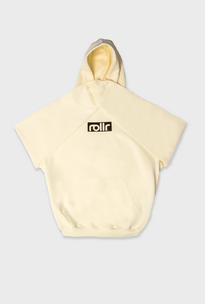 mens heavyweight vanilla cream box fit hoodie made from french terry fabric and rollr logo print and black label with rollr logo