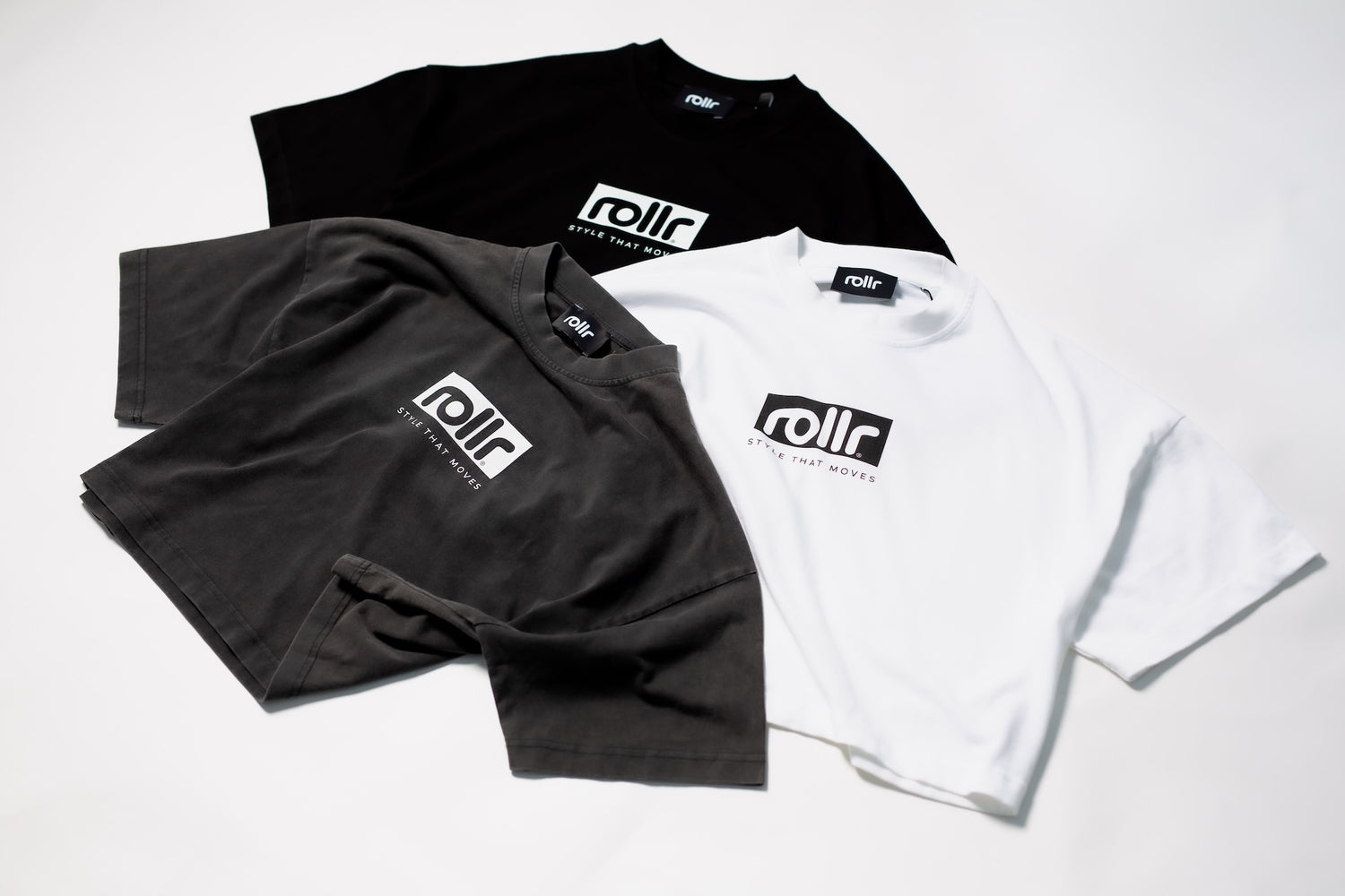rollr cropped midnight and vintage black, polar white rollr logo luxury skate and streetwear apparel 