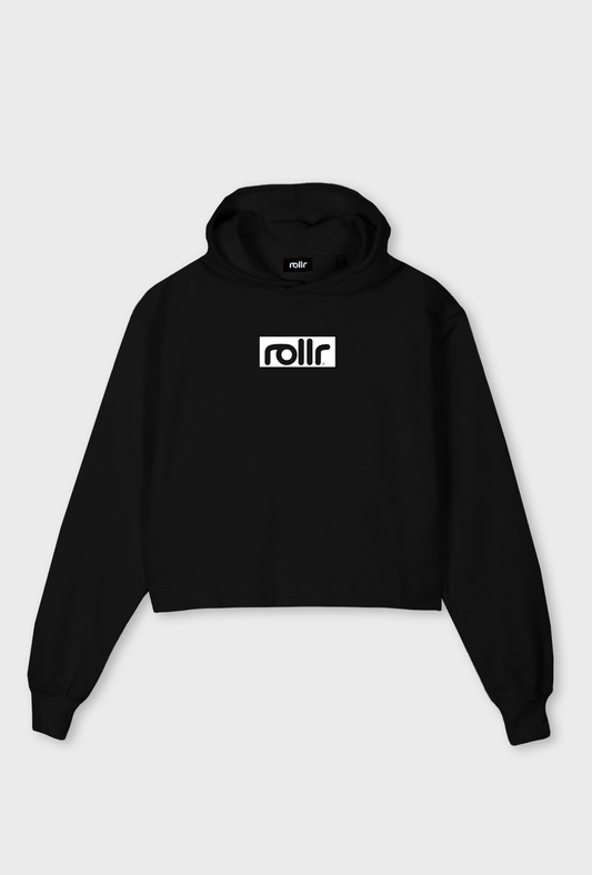 rollr clothing cropped womens midnight black hoodie style that moves tagline and roller print logo