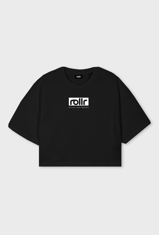 oversized women's black cropped tee with roller style that moves luxury fashion skate printed logo