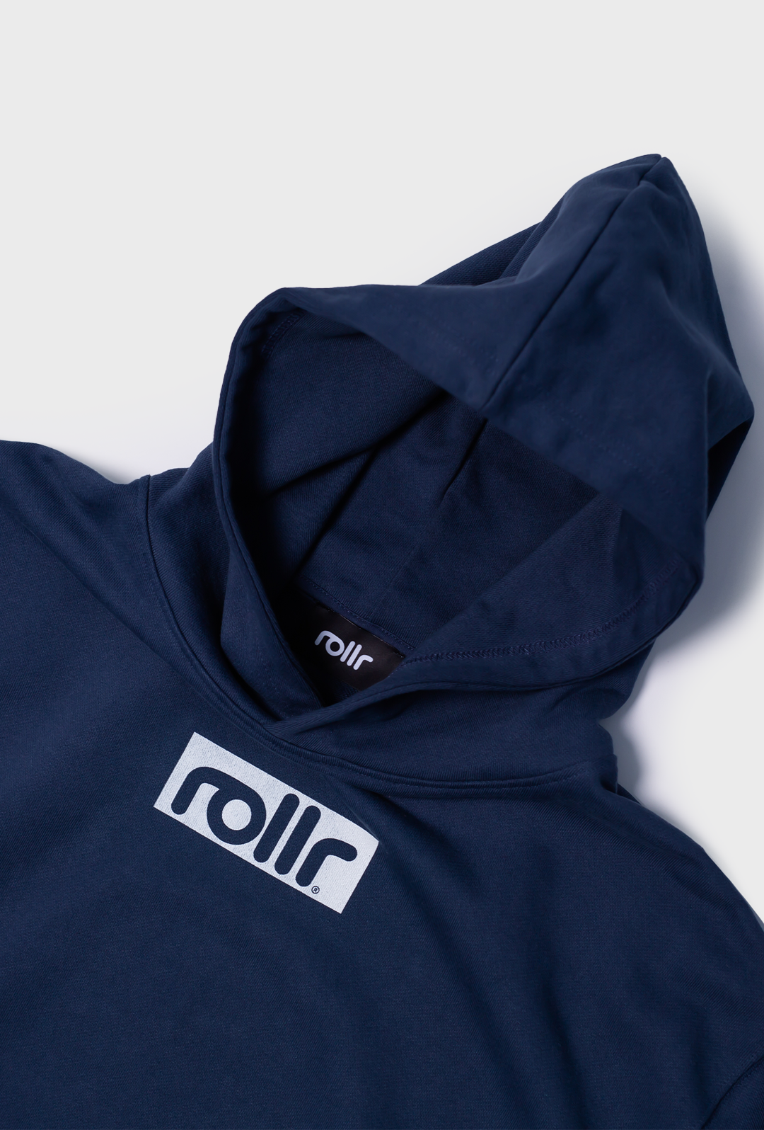roller oversized dusk blue hoodie made organic cotton with rollr logo print and black rollr label