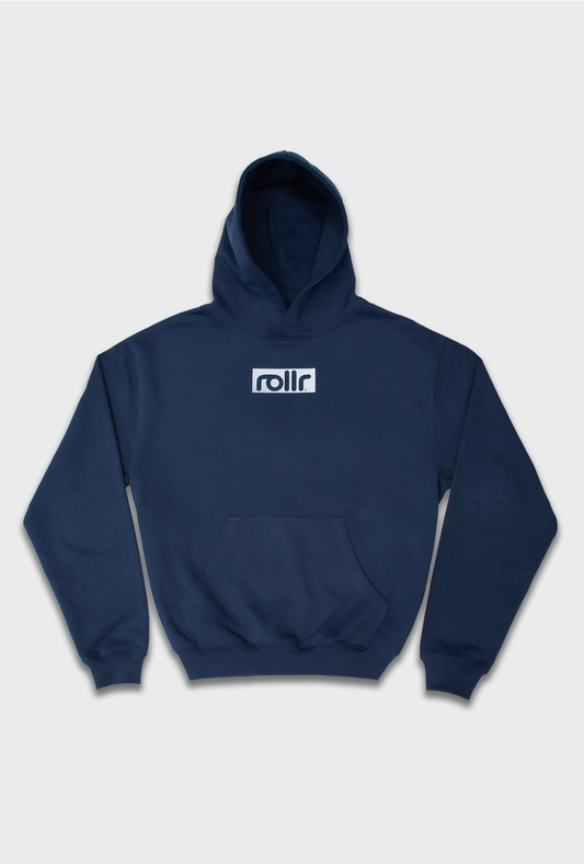 roller clothing oversized hoodie made from french terry cotton and rollr logo print and black label with rollr logo in dusk blue