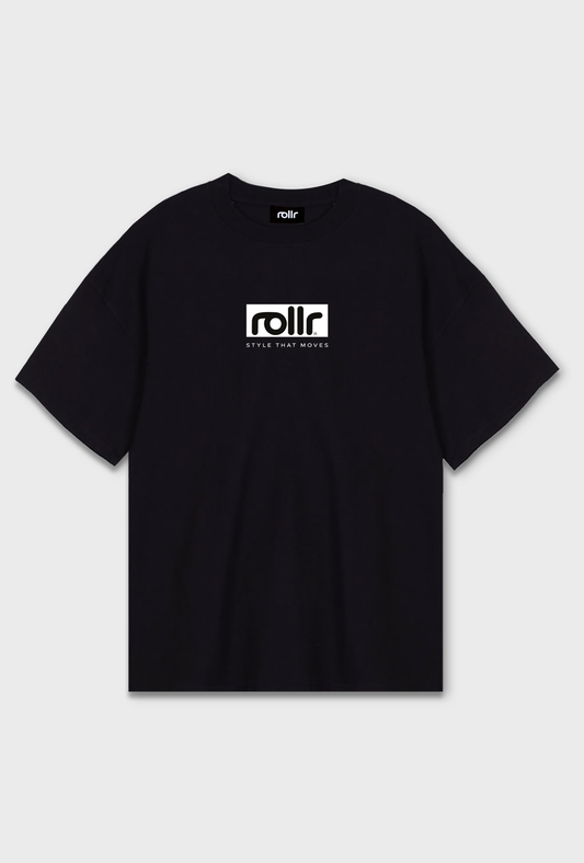 roller clothing oversized midnight black heavyweight tshirt in french terry organic cotton with rollr logo and style that moves tagline printed on front.