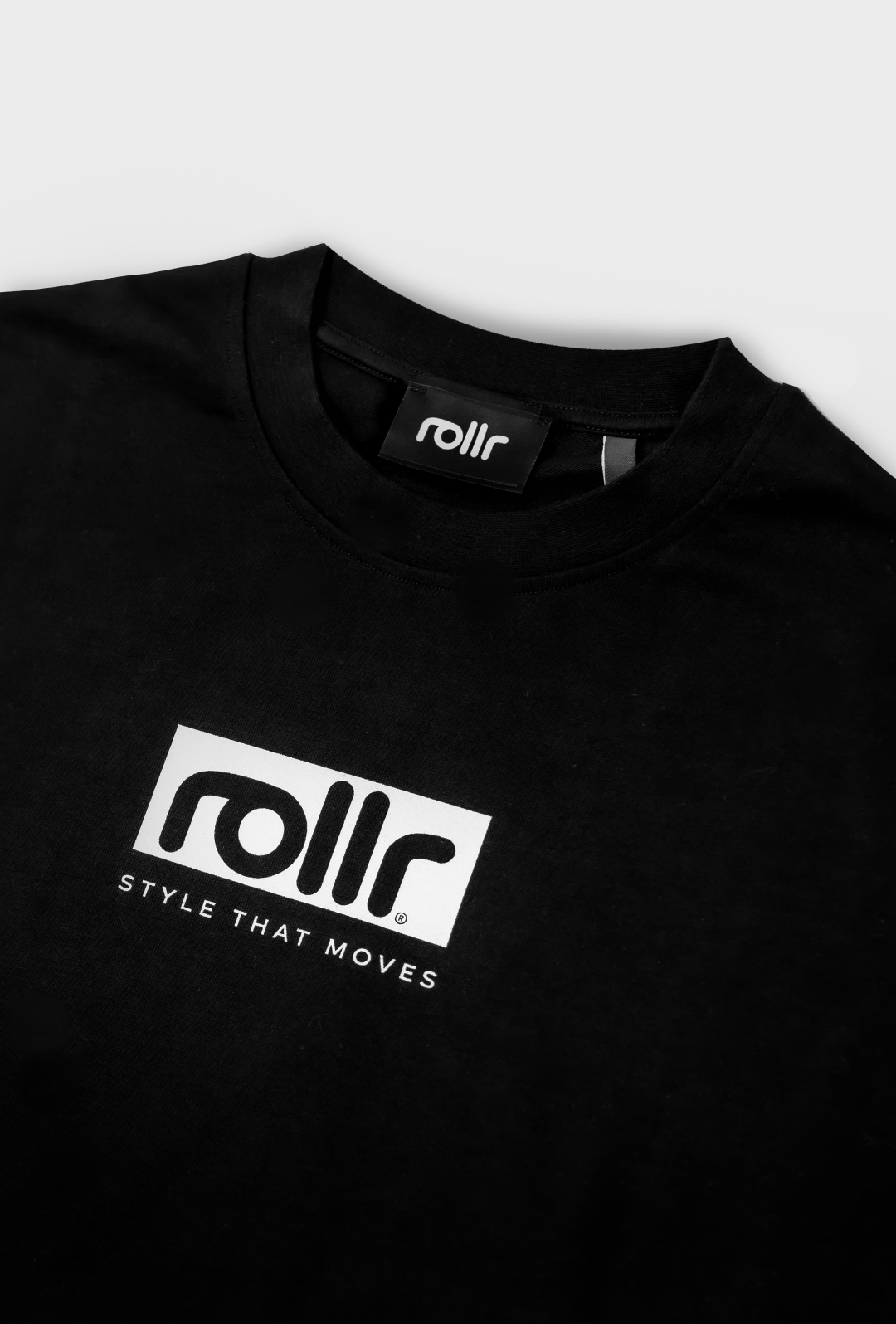 roller clothing oversized midnight black heavyweight tshirt in french terry organic cotton with rollr logo and style that moves tagline printed on front with black label