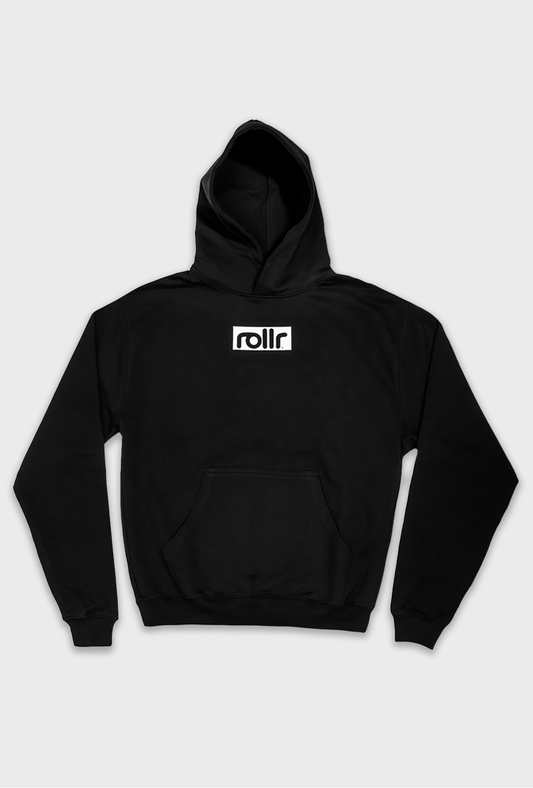 rollr clothing heavyweight midnight black box fit hoodie made from french terry fabric and rollr logo print and black label with rollr logo