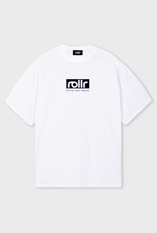 roller clothing oversized polar white tshirt with rollr logo and style that mvoes tagline