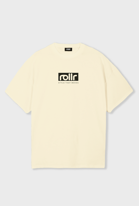 rollr clothing heavyweight vanilla cream box fit tee with rollr logo and style that moves tagline print