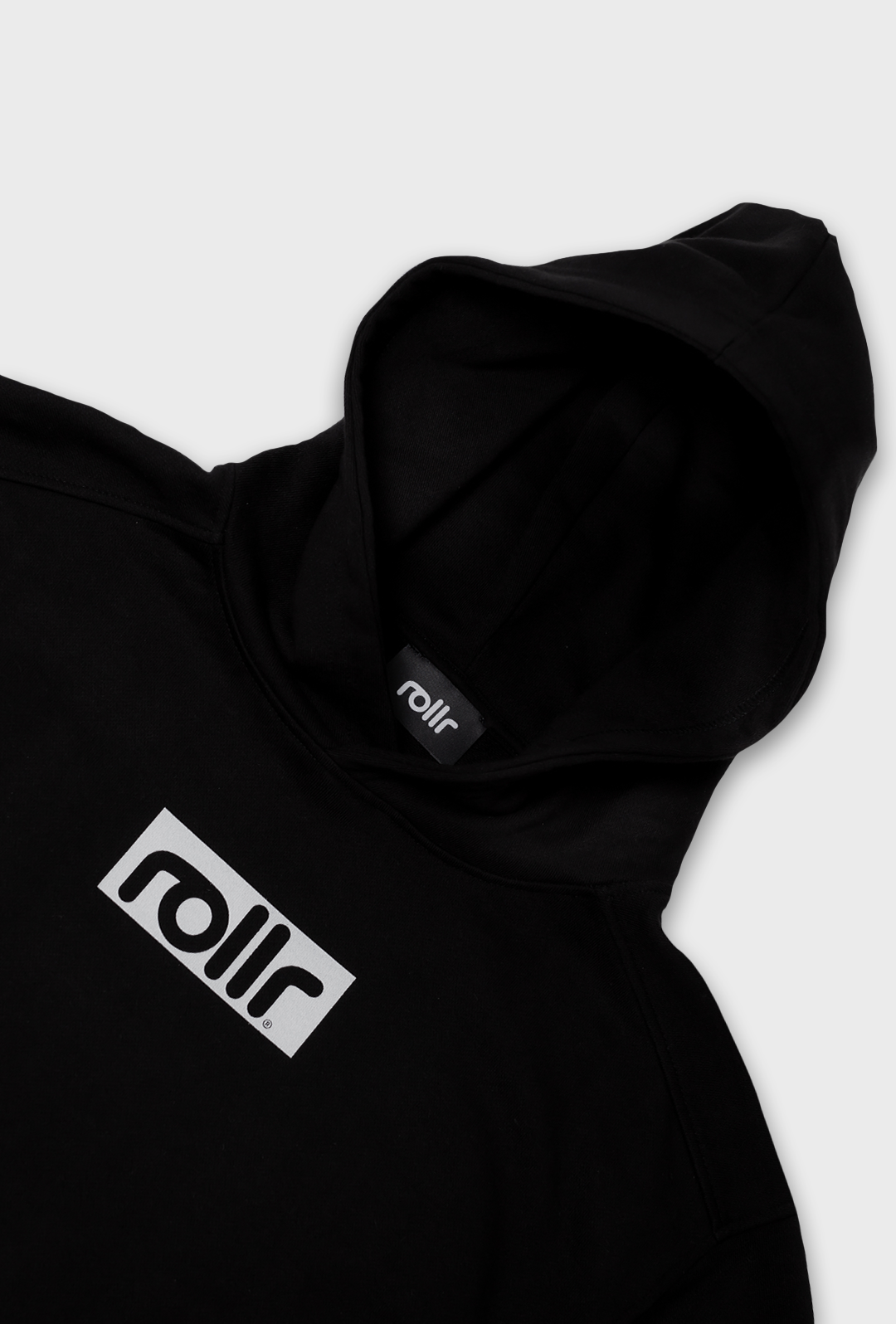 rollr clothing cropped womens midnight black hoodie style that moves tagline and roller print logo and box fit hood